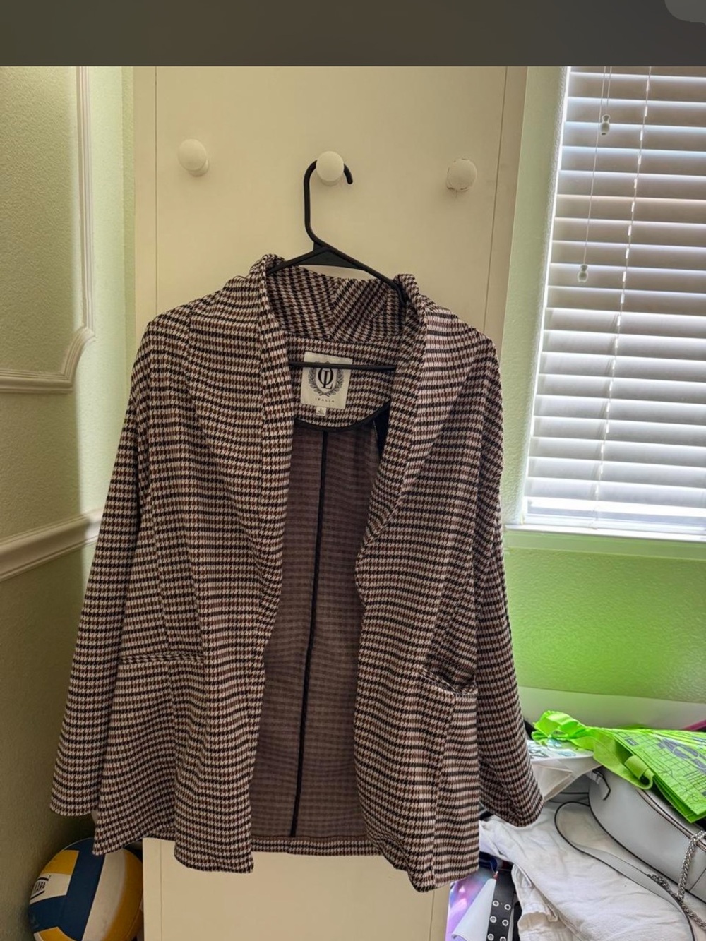 Italina Brown and Black Houndstooth Hooded Open-Front Blazer